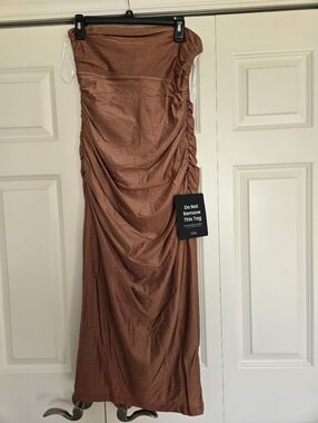 NWT Lulus Strapless Ruched Midi Dress Bronze Satin Slit Elegant Formal Size M